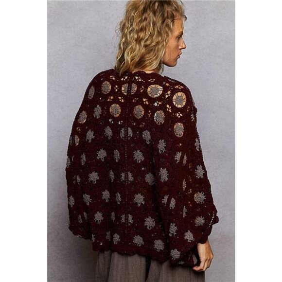 POL Openwork V-Neck Chenille Cardigan with Contrast Floral - Picture 4 of 5